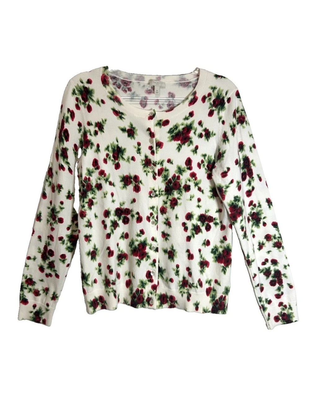 Talbots Rose Print Floral Cardigan Sweater Sz M Ivory Red Cotton Knit Romantic
